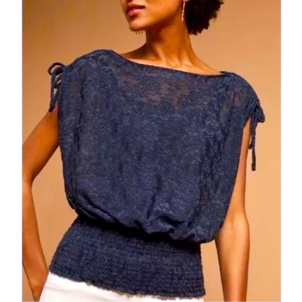 Anthropologie Deletta Sheer Floral Navy Top